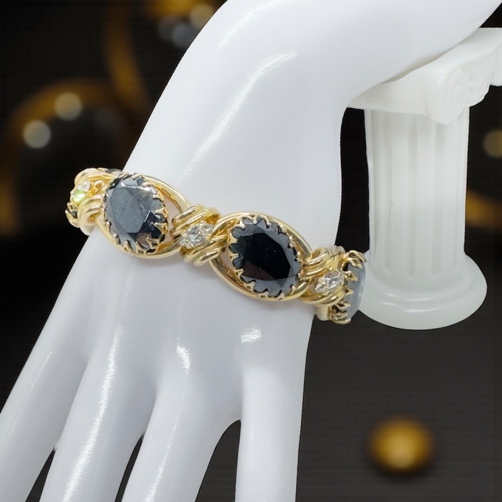 Vintage HTF Denbé By J. J. Denberg Co. Black Glass & Rhinestone Link Bracelet